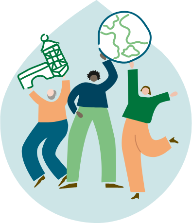 Menschen die sich freuen und eine Weltkugel tragen